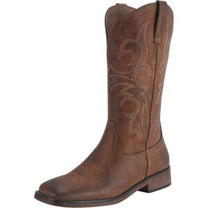 SheSole Western Boots Women Brown Faux Leather Square Toe Wide Mid Calf
